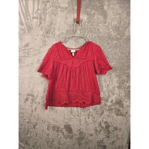 Knox Rose Womens Embroidered Eyelet V Neck Peasant Top Coral Pink XL